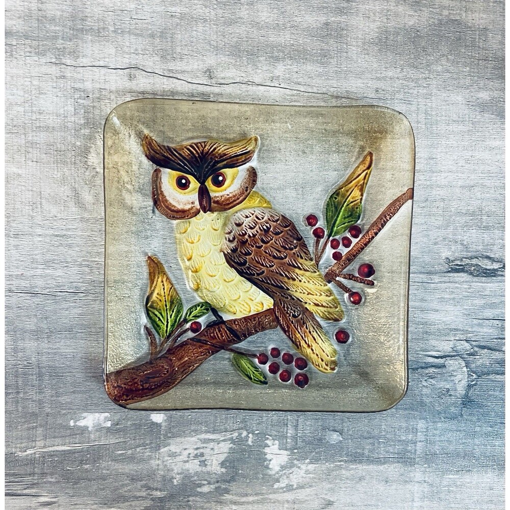 Vintage Single Brown Owl Glass Trinket Dish Decorative Catchall